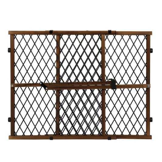 Wooden pet gate with mesh design on a white background
