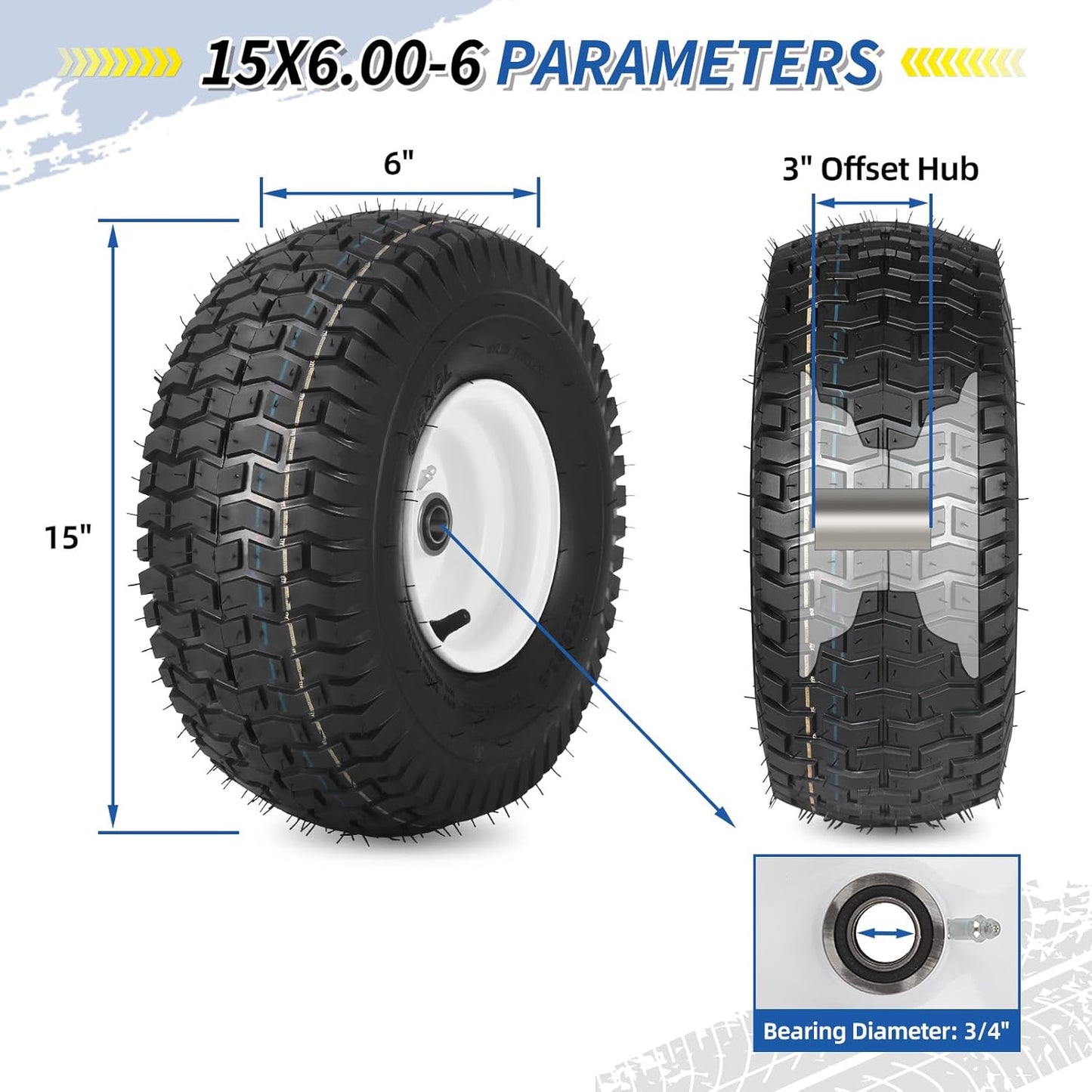 (2 Pack) 15x6.00-6 Tubeless Tire and Wheel, 3" Offset Hub, 3/4" Bearing, 4 Ply, 15x6-6 Lawn Mower Front Tires