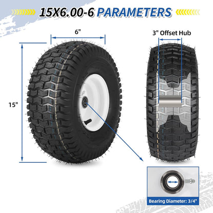 (2 Pack) 15x6.00-6 Tubeless Tire and Wheel, 3" Offset Hub, 3/4" Bearing, 4 Ply, 15x6-6 Lawn Mower Front Tires
