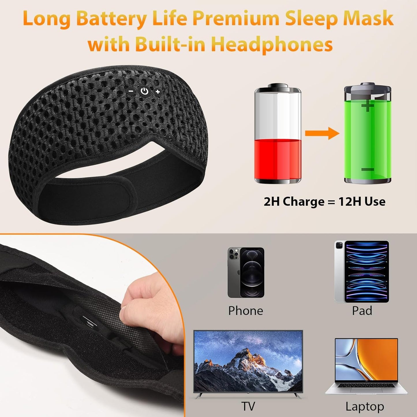 Bluetooth Sleep Mask HF016 Sleep Headphones with Detachable & Washable 3D Contoured Eye Mask