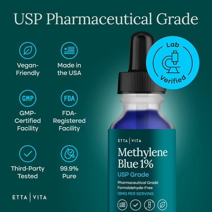 Methylene Blue Drops 2oz. - USP Pharmaceutical Grade 99.99% Pure 1% Solution for Energy, Focus, Clarity, Cognition & Cellular Support