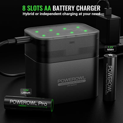POWEROWL Rechargeable Lithium AA Batteries 8 Pack with Charger, 1.5V 3600mWh Double A Battery with Li-ion/NiMH Charger Storage Box for Camera, Game Controller