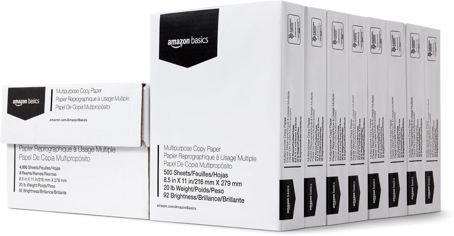 Amazon Basics Multipurpose Copy Printer Paper, 20 lb, 8.5 x 11 Inches, 8 Reams (4,000 Sheets), 92 Bright White