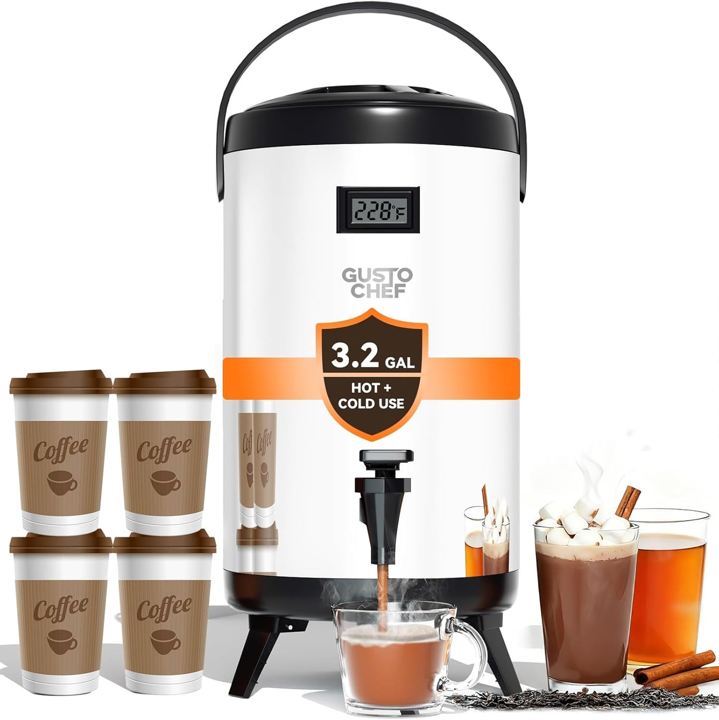 Insulated Beverage Dispenser 3 Gallon, Hot & Cold Drink Dispenser with Spigot, Silver