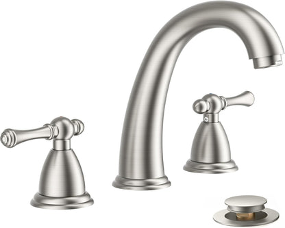 FORIOUS Faucet for Bathroom Sink 3 Hole, Brushed Nickel Bathroom Faucet Widespread with Pop Up Drain and Water Hose Supply