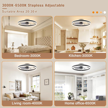 VOLISUN Low Profile Ceiling Fan with Lights and Remote, 23.6in Flush Mount 3000K-6500K Dimmable Fandelier LED Fan Light, Black Bladeless