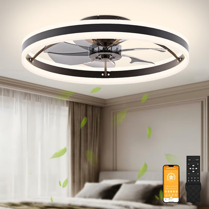 VOLISUN Low Profile Ceiling Fan with Lights and Remote, 23.6in Flush Mount 3000K-6500K Dimmable Fandelier LED Fan Light, Black Bladeless