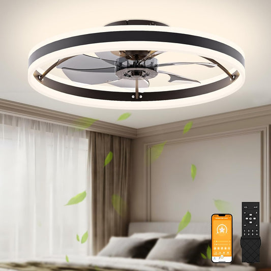 VOLISUN Low Profile Ceiling Fan with Lights and Remote, 23.6in Flush Mount 3000K-6500K Dimmable Fandelier LED Fan Light, Black Bladeless