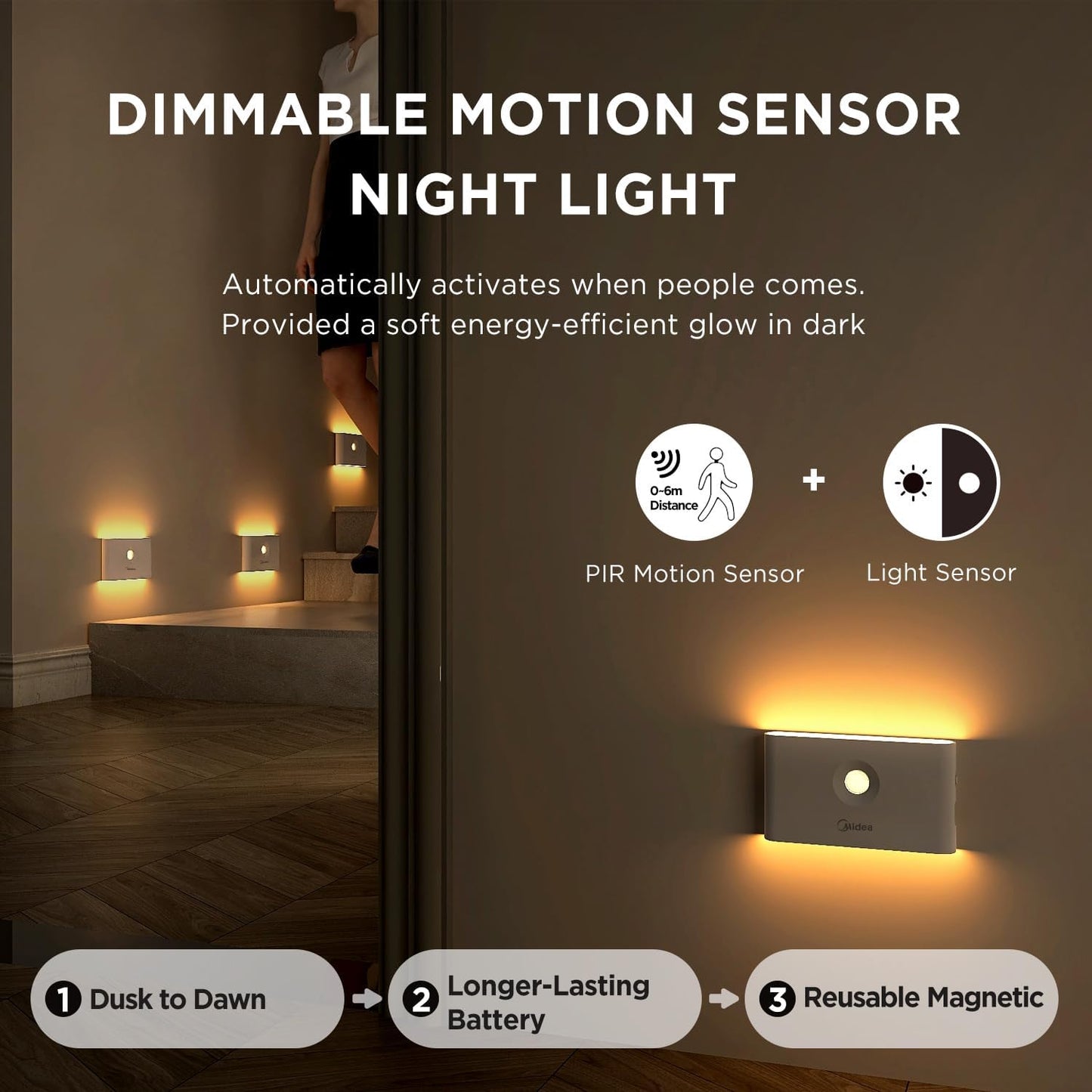 Midea 2 Pack Rechargeable Night Lights with Motion Sensor/Dusk to Dawn