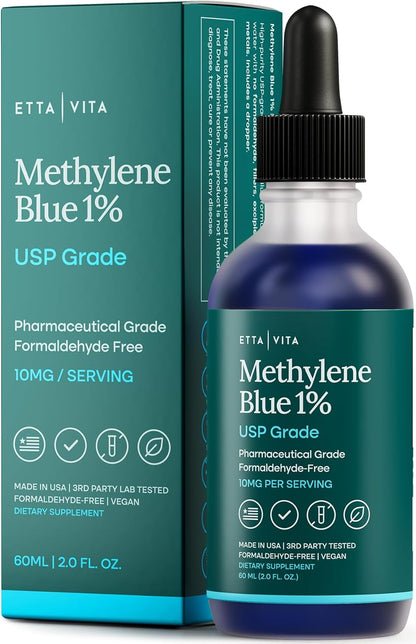 Methylene Blue Drops 2oz. - USP Pharmaceutical Grade 99.99% Pure 1% Solution for Energy, Focus, Clarity, Cognition & Cellular Support