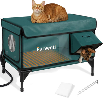 Heated Indoor & Outdoor Elevated Cat Shelter with Escape Door (Dark Green, M)