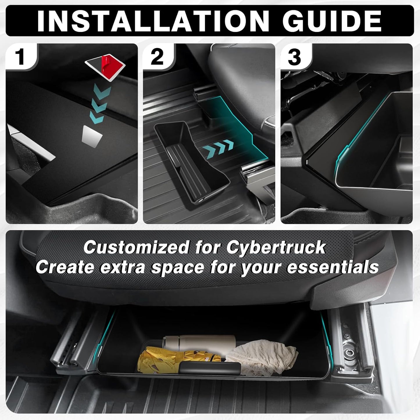 BestEvMod 2PCS Under Seat Storage Box Fit for Tesla Cybertruck 2026 2025 2024 Interior Accessories Under Seat Organizer Hidden Tray Non-slip Hidden Underseat Rubbery Bins