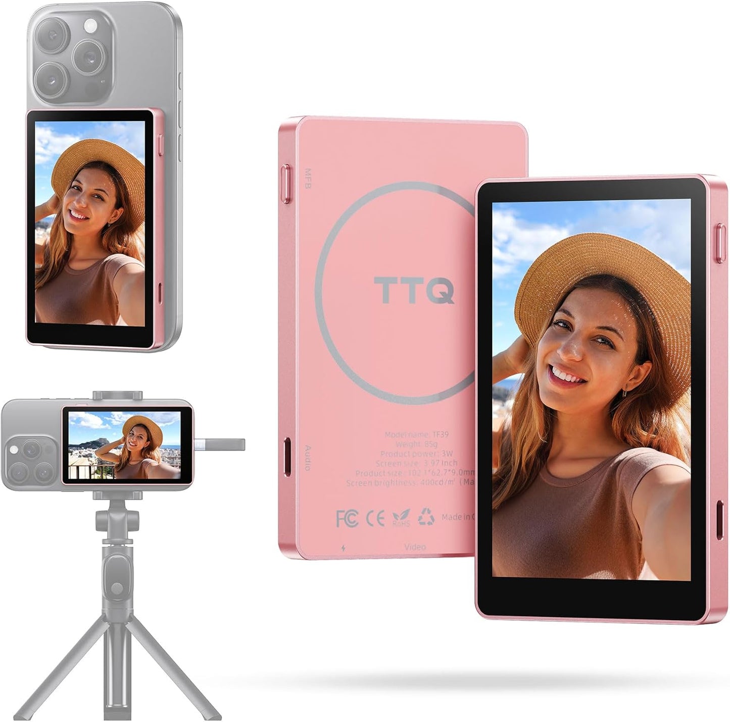 Vlog Selfie Monitor Screen, Magnetic Phone 4K 60fps Bluetooth Remote, Back Camera Monitor for Vlog Live Stream TikTok, Compatible with iPhone & Android - Pink