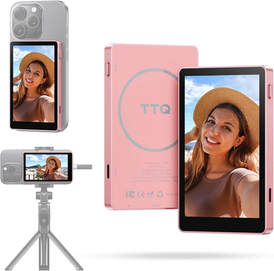 Vlog Selfie Monitor Screen, Magnetic Phone 4K 60fps Bluetooth Remote, Back Camera Monitor for Vlog Live Stream TikTok, Compatible with iPhone & Android - Pink