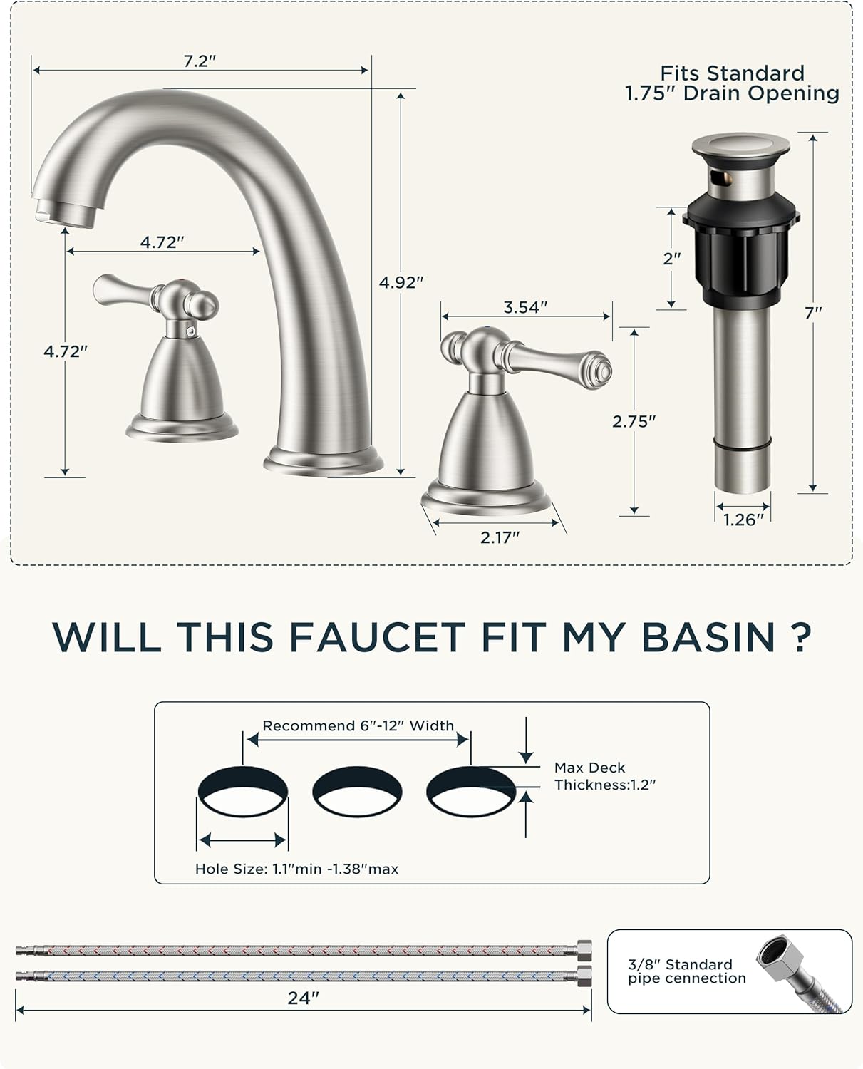 FORIOUS Faucet for Bathroom Sink 3 Hole, Brushed Nickel Bathroom Faucet Widespread with Pop Up Drain and Water Hose Supply