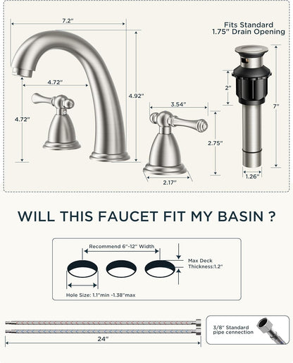 FORIOUS Faucet for Bathroom Sink 3 Hole, Brushed Nickel Bathroom Faucet Widespread with Pop Up Drain and Water Hose Supply