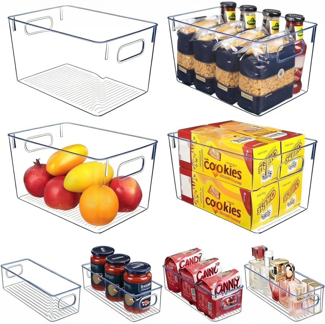Set of 8 pantry organizers and storage, Clear Plastic Storage Bins for Kitchen Organization