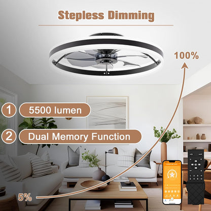 VOLISUN Low Profile Ceiling Fan with Lights and Remote, 23.6in Flush Mount 3000K-6500K Dimmable Fandelier LED Fan Light, Black Bladeless