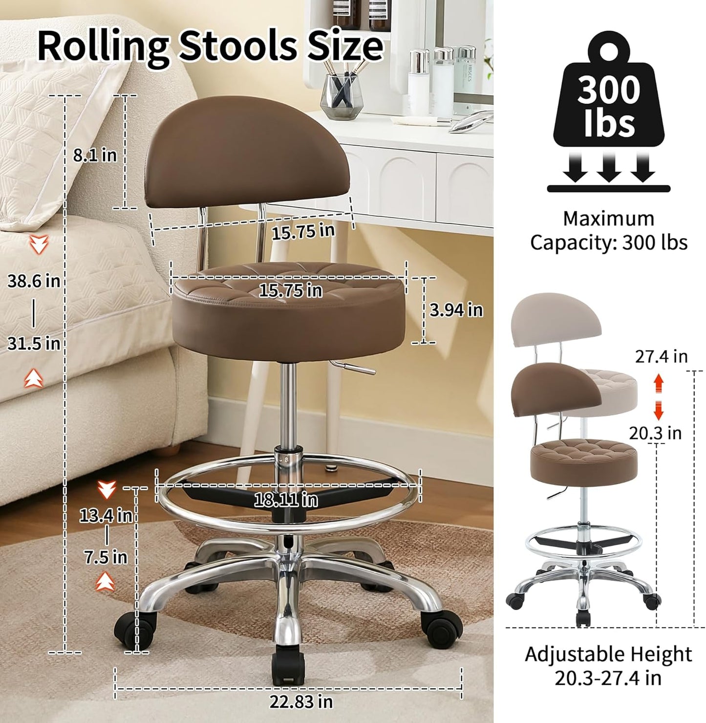 FIRAVOE COFFEE BROWN Ergonomic Backrest and Footrest Swivel Shop Stool