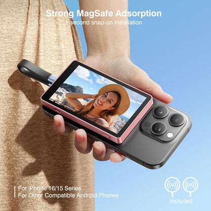 Vlog Selfie Monitor Screen, Magnetic Phone 4K 60fps Bluetooth Remote, Back Camera Monitor for Vlog Live Stream TikTok, Compatible with iPhone & Android - Pink