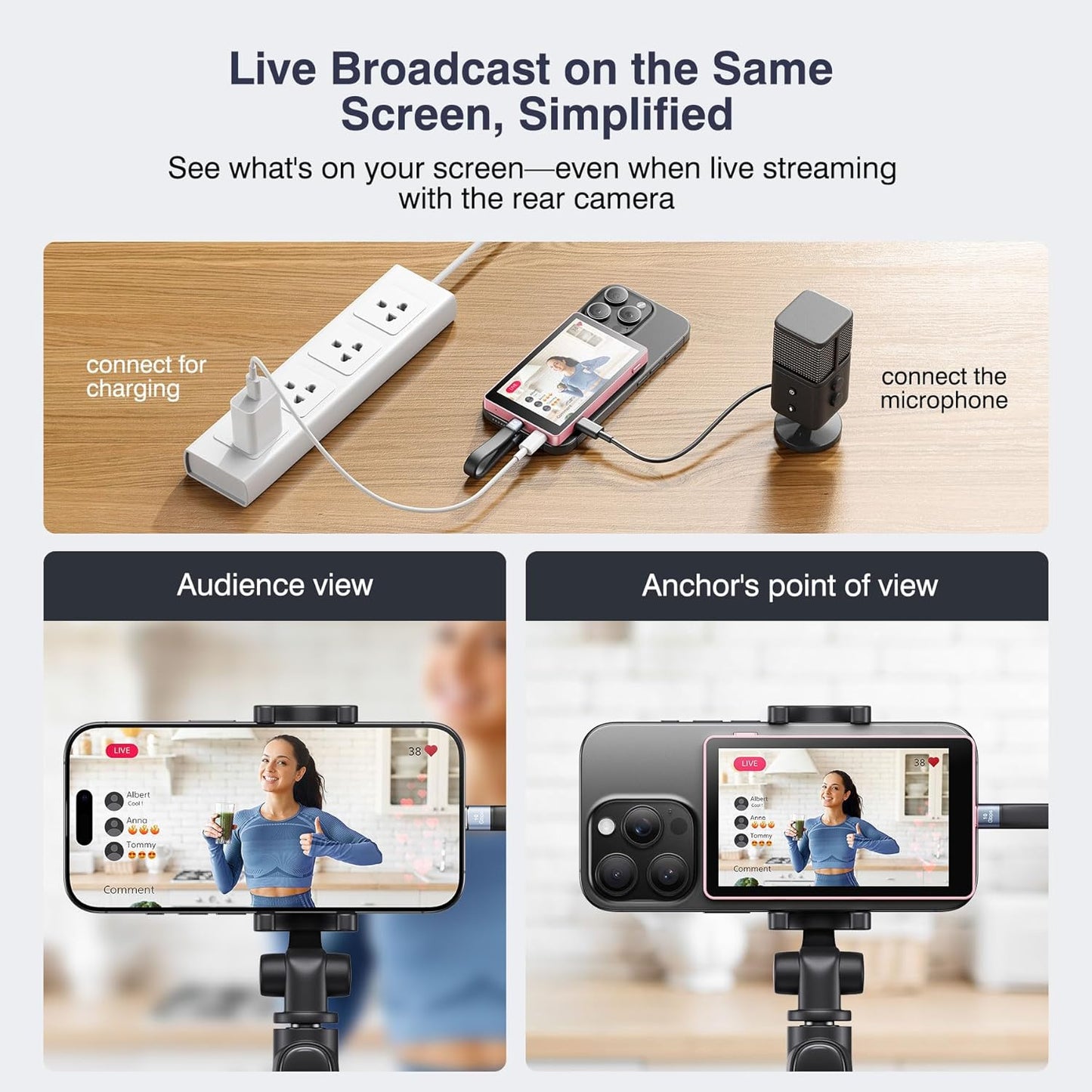 Vlog Selfie Monitor Screen, Magnetic Phone 4K 60fps Bluetooth Remote, Back Camera Monitor for Vlog Live Stream TikTok, Compatible with iPhone & Android - Pink