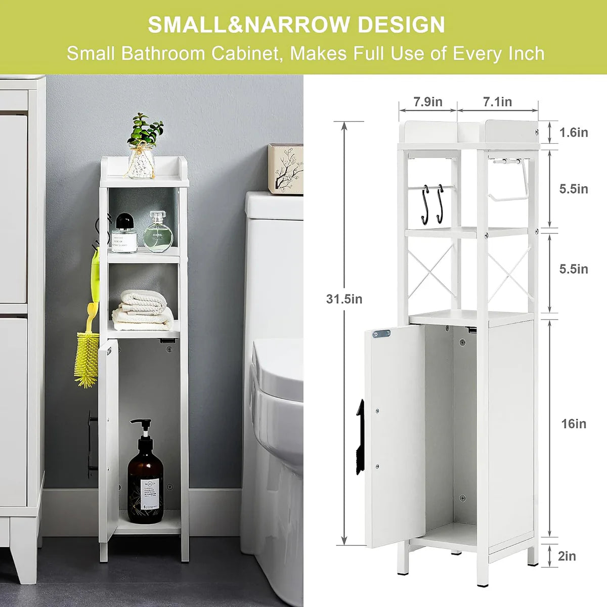 VECELO Small Bathroom Cabinet, Slim Toilet Paper Holder with Door and 2 Shelves, White