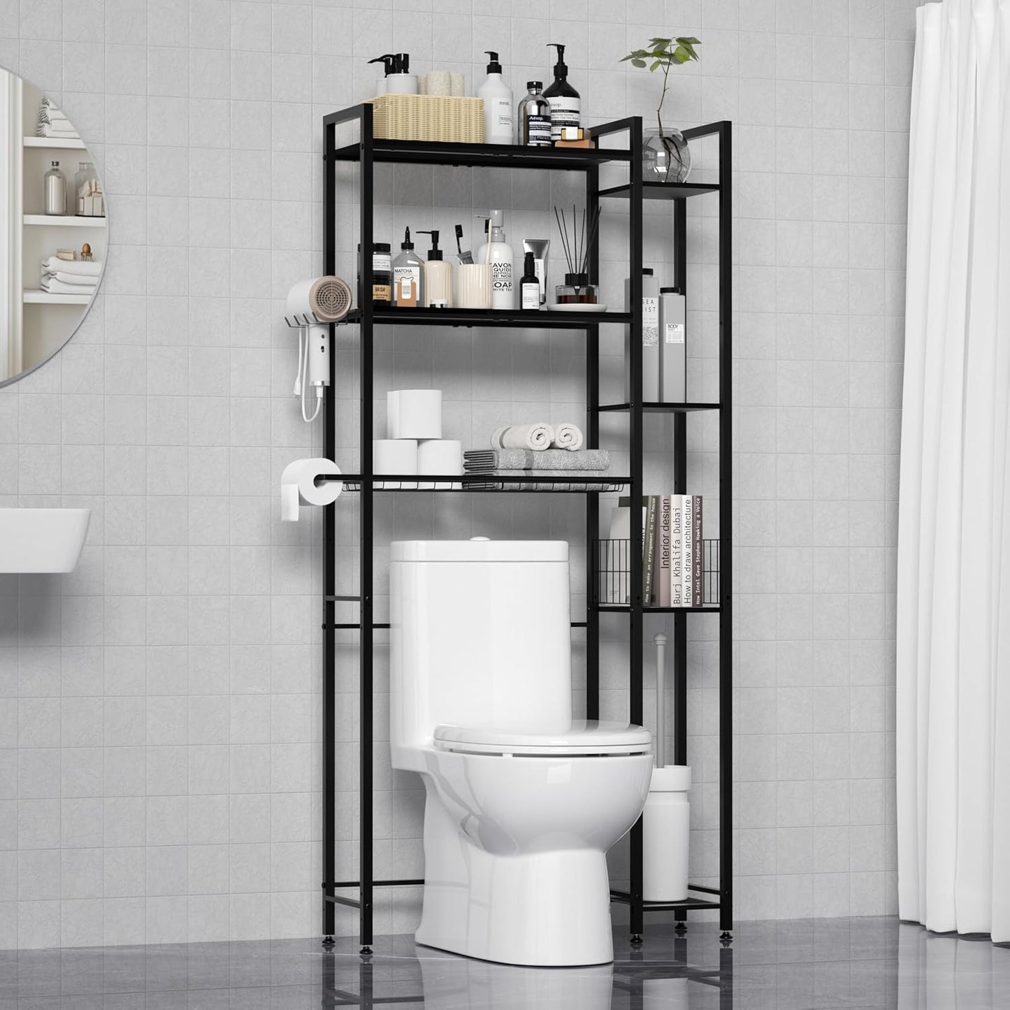 QOOIE Over The Toilet Storage with Wooden Shelves and Side Rack, 7-Tier Black Over Toilet Bathroom Organizer