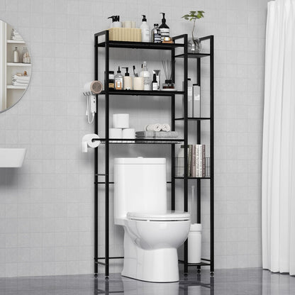 QOOIE Over The Toilet Storage with Wooden Shelves and Side Rack, 7-Tier Black Over Toilet Bathroom Organizer