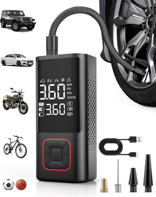 Powools Cordless Tire Inflator 150PSI Portable Air Compressor with Auto Shutoff, Air Pump for Car Tires, Motorcycle, Bike, Balls, Inflatables, LED Light, Red, Standard Capacity