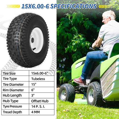 (2 Pack) 15x6.00-6 Tubeless Tire and Wheel, 3" Offset Hub, 3/4" Bearing, 4 Ply, 15x6-6 Lawn Mower Front Tires