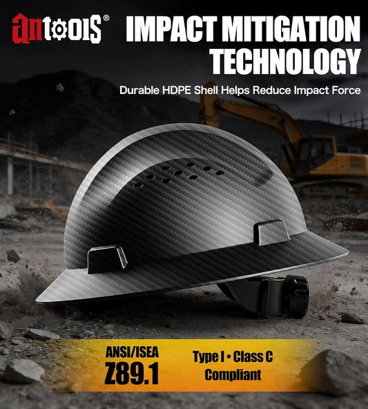 AnTools Carbon Fiber Design Full Brim Hard Hat, OSHA Approved Construction Hard Hats for Men, 4-Point Adjustable Suspension, ANSI Z89.1