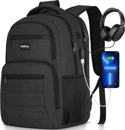 Kadilong 15.6" Laptop Backpack, Black, Anti-Theft, USB Charger