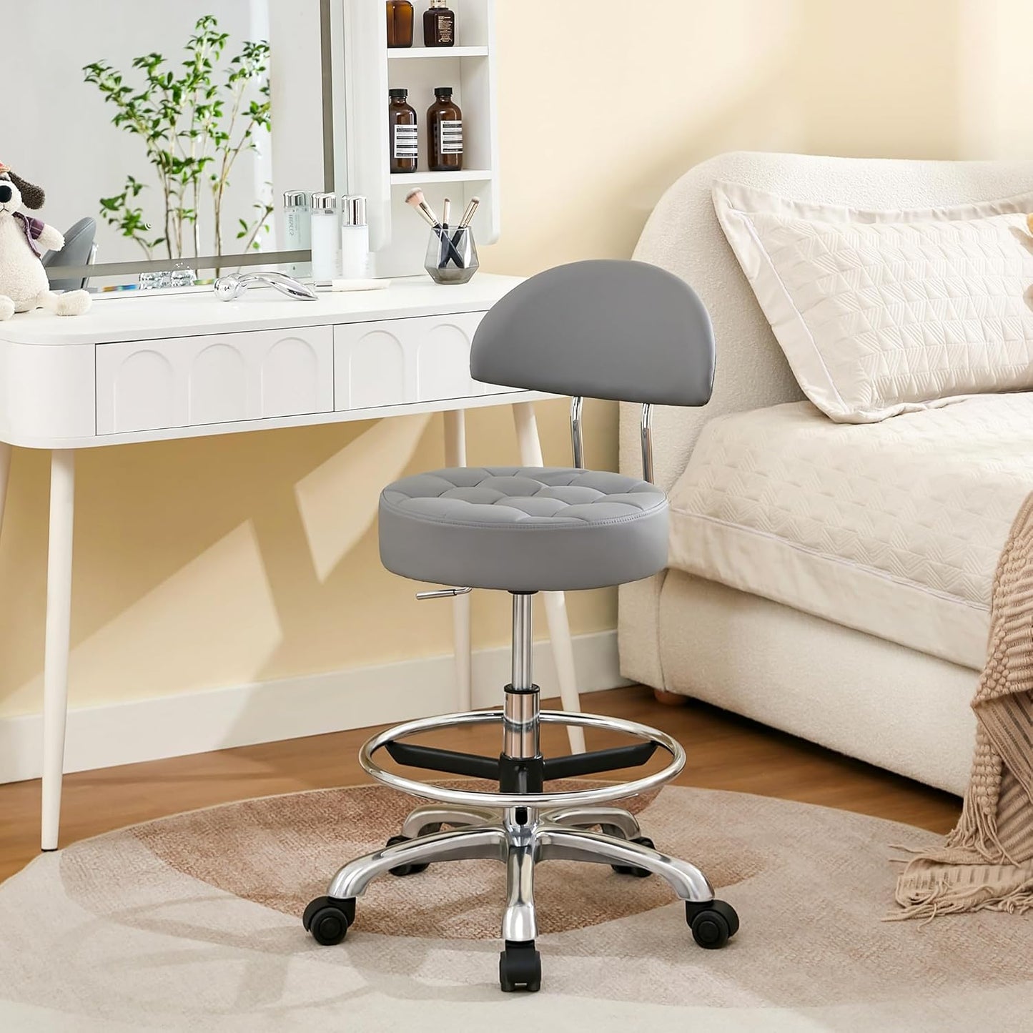 FIRAVOE GREY Ergonomic Backrest and Footrest Swivel Shop Stool