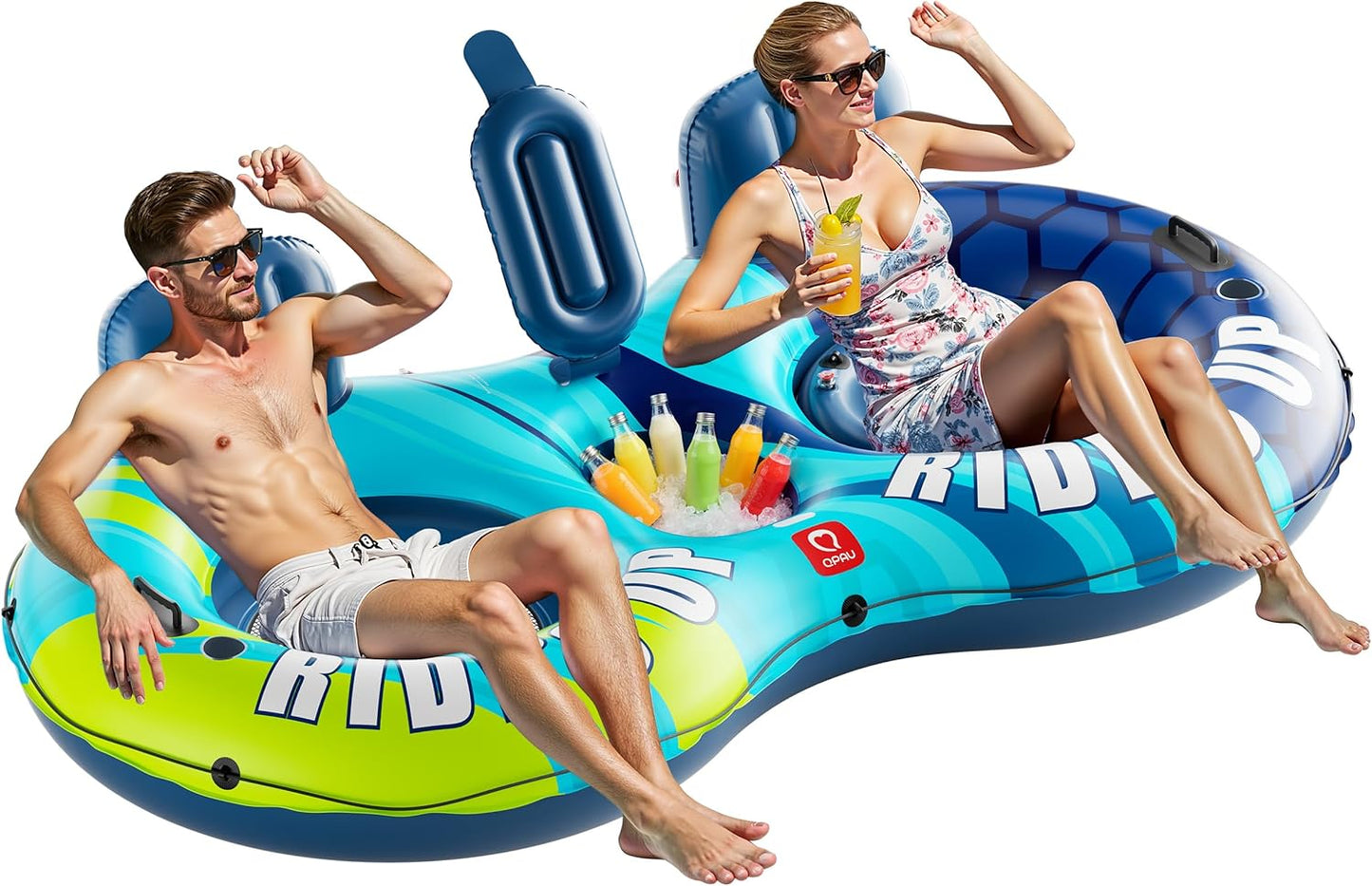QPAU Inflatable Double River Tube, 2 Person 660lb Capacity, Puncture-Resistant 93" Sturdy Heavy Duty River Float