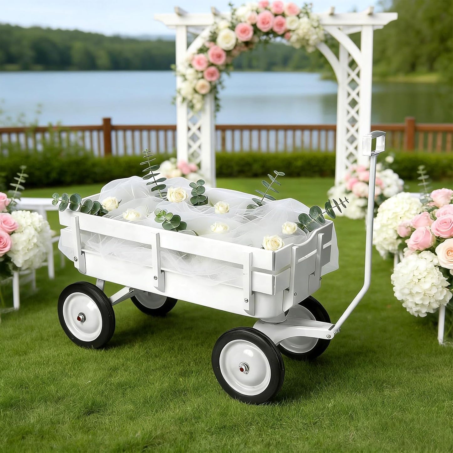 Pull Along Wagon,White Flower Girl Wagon All-Terrain Wedding Wagon with Removable Wooden Side Panels