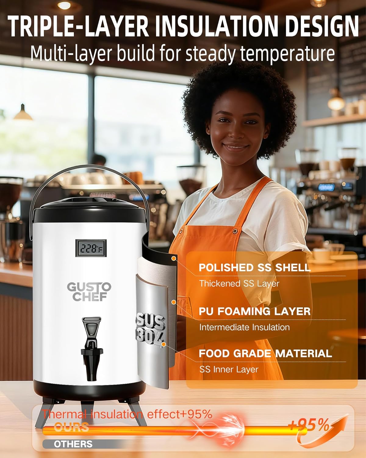 Insulated Beverage Dispenser 3 Gallon, Hot & Cold Drink Dispenser with Spigot, Silver