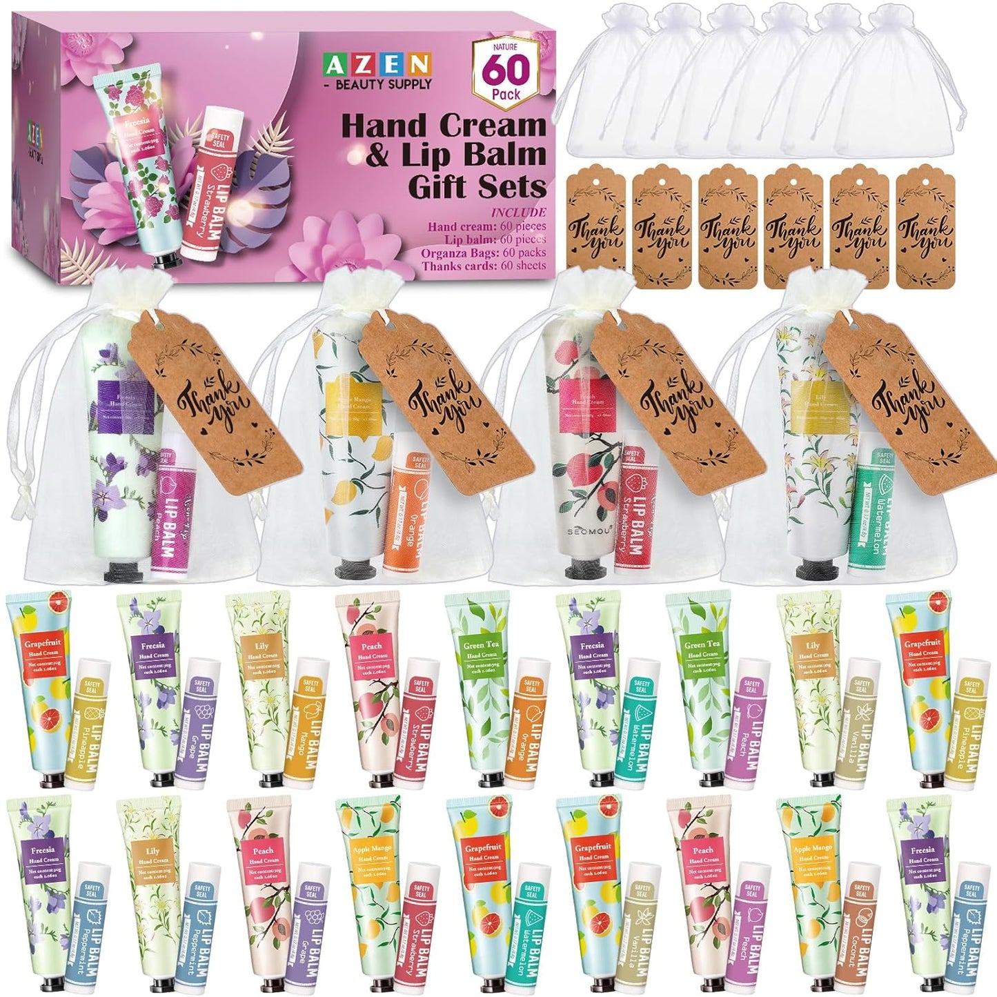AZEN 60 Sets Bulk Gifts, Hand Cream and Lip Balm Bulk Set with Organza Bag Thank You Card