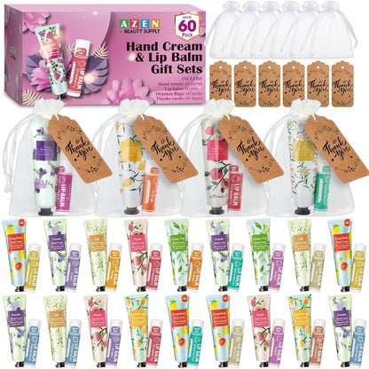 AZEN 60 Sets Bulk Gifts, Hand Cream and Lip Balm Bulk Set with Organza Bag Thank You Card