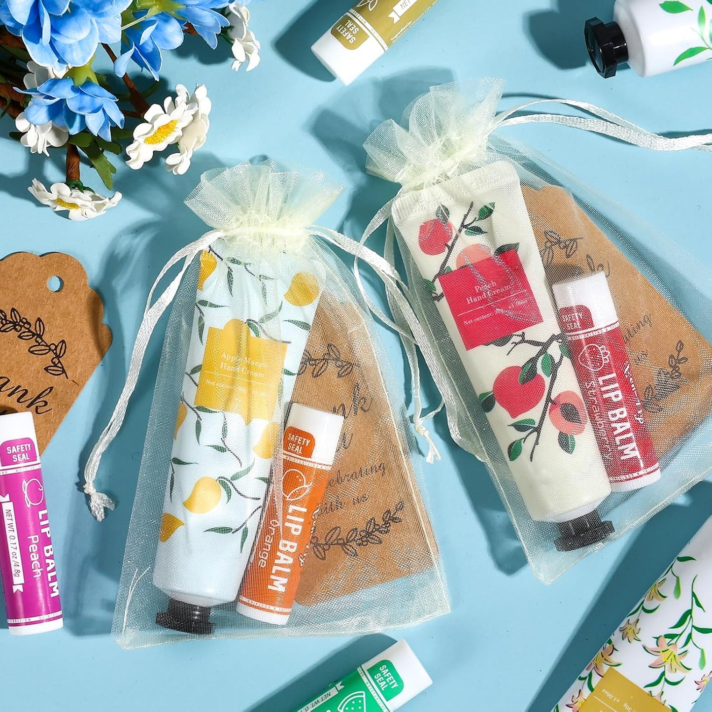 AZEN 60 Sets Bulk Gifts, Hand Cream and Lip Balm Bulk Set with Organza Bag Thank You Card