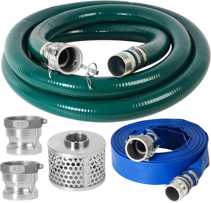 2” Discharge Hose Pump Kit for Backwashing and Drainage | 20’ Green Suction + 65’ Blue Discharge PVC Hoses with Carbon Steel Filter