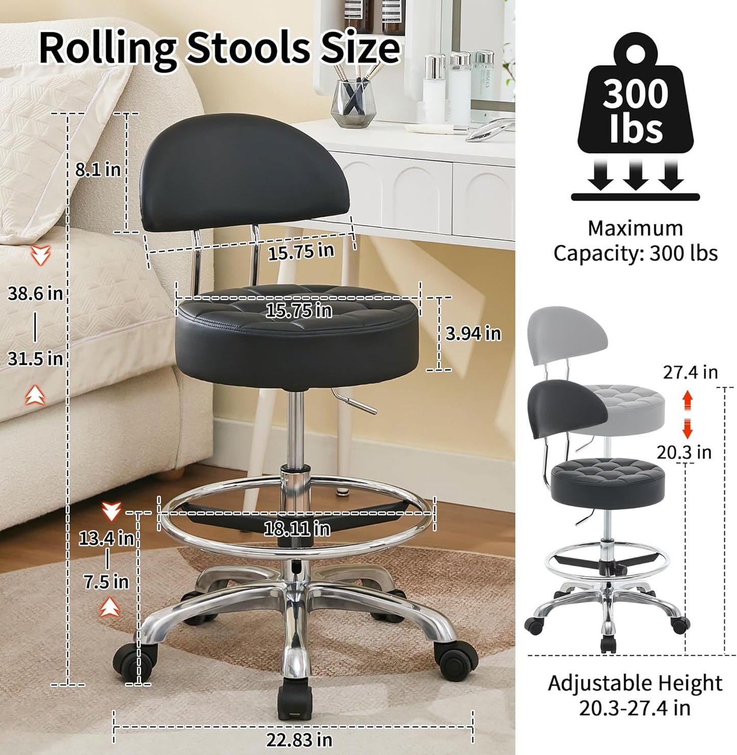 FIRAVOE BLACK Ergonomic Backrest and Footrest Swivel Shop Stool