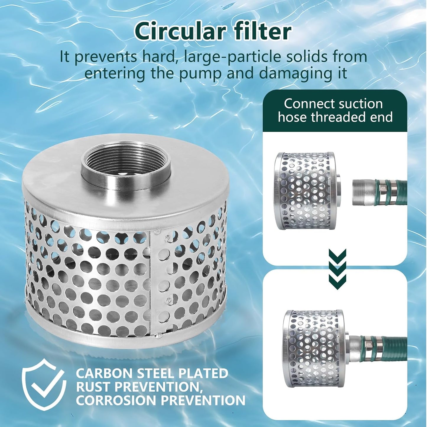 2” Discharge Hose Pump Kit for Backwashing and Drainage | 20’ Green Suction + 65’ Blue Discharge PVC Hoses with Carbon Steel Filter