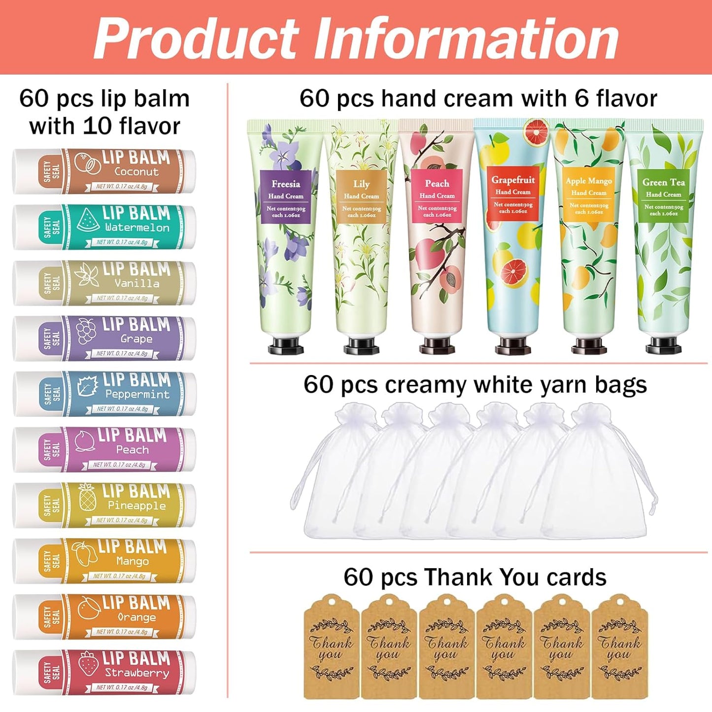 AZEN 60 Sets Bulk Gifts, Hand Cream and Lip Balm Bulk Set with Organza Bag Thank You Card