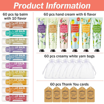 AZEN 60 Sets Bulk Gifts, Hand Cream and Lip Balm Bulk Set with Organza Bag Thank You Card