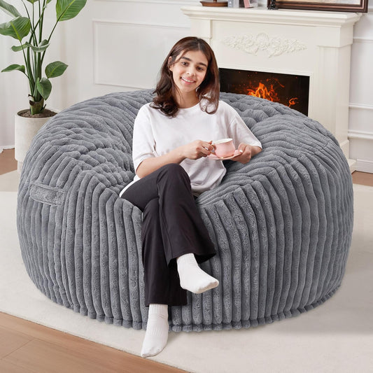 3 FT Bean Bag Chair, Soft Bean Bag Sofa with Dutch Corded Plush Cover-Dark Grey