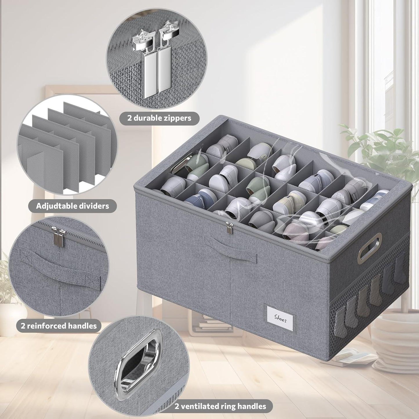 Bins and Things Foldable Shoe Organizer. Holds 16 pair, Gray
