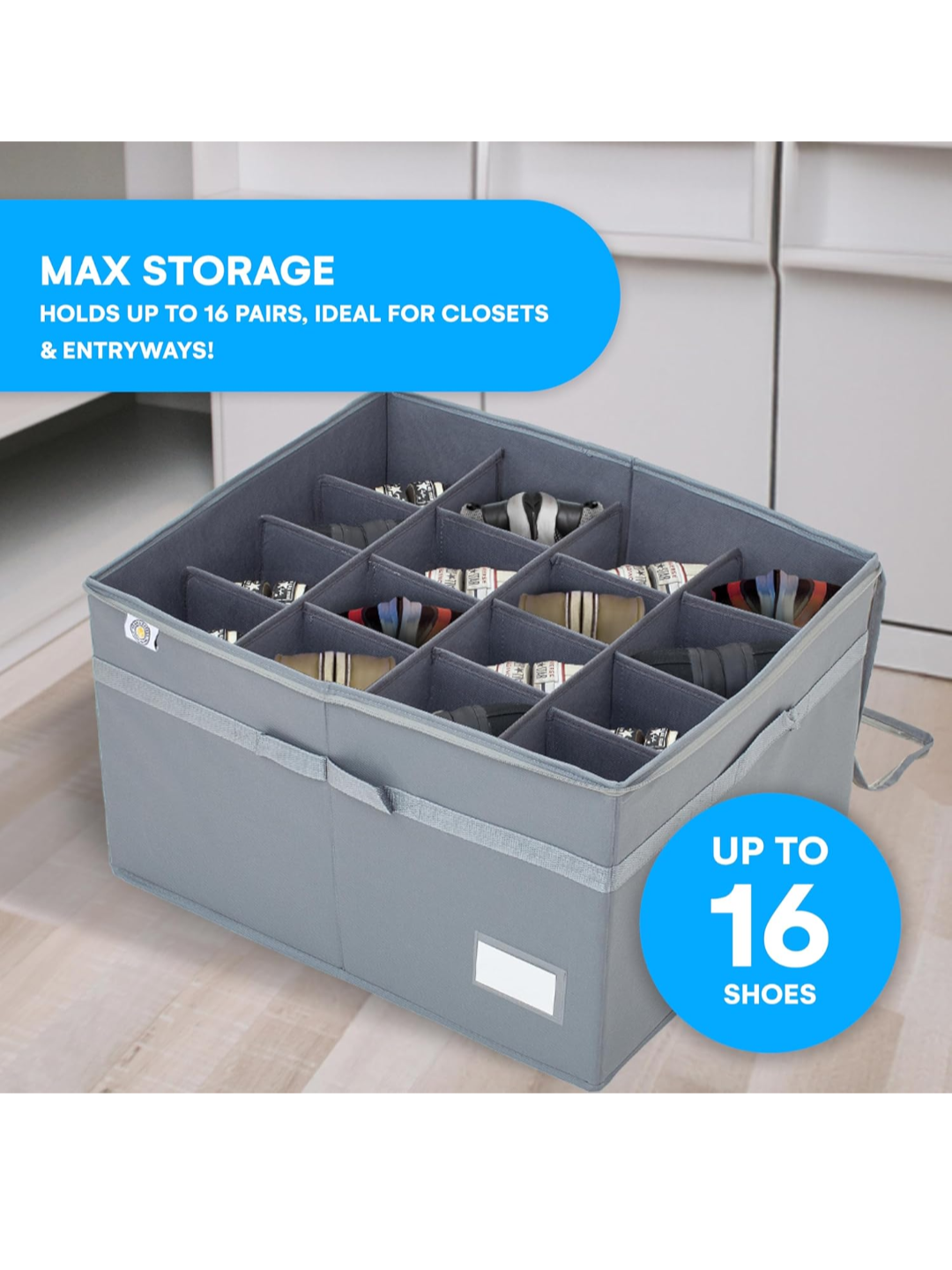 Bins And Things Foldable Shoe Organizers With Dividers Fits 16 Pair, Gray