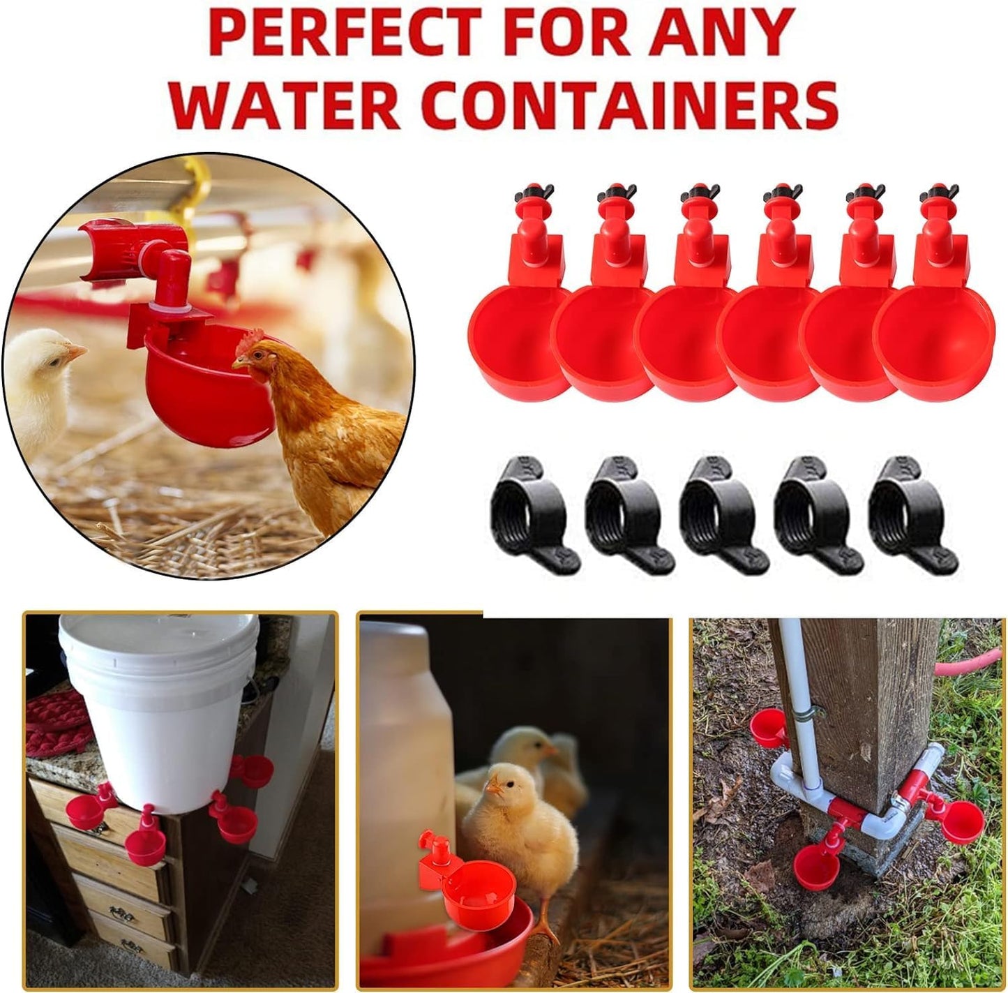 No-Waste DIY Chicken Poultry Feeder Ports Gravity Automatic Kit for Buckets, Barrels, Bins, and Troughs