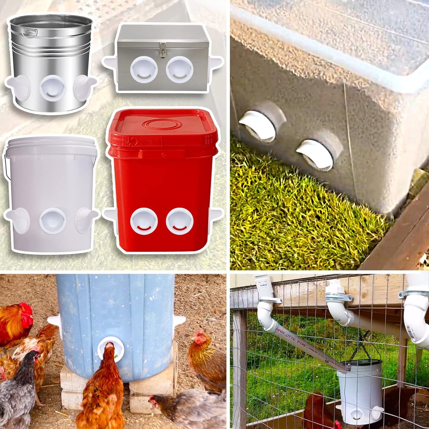 No-Waste DIY Chicken Poultry Feeder Ports Gravity Automatic Kit for Buckets, Barrels, Bins, and Troughs