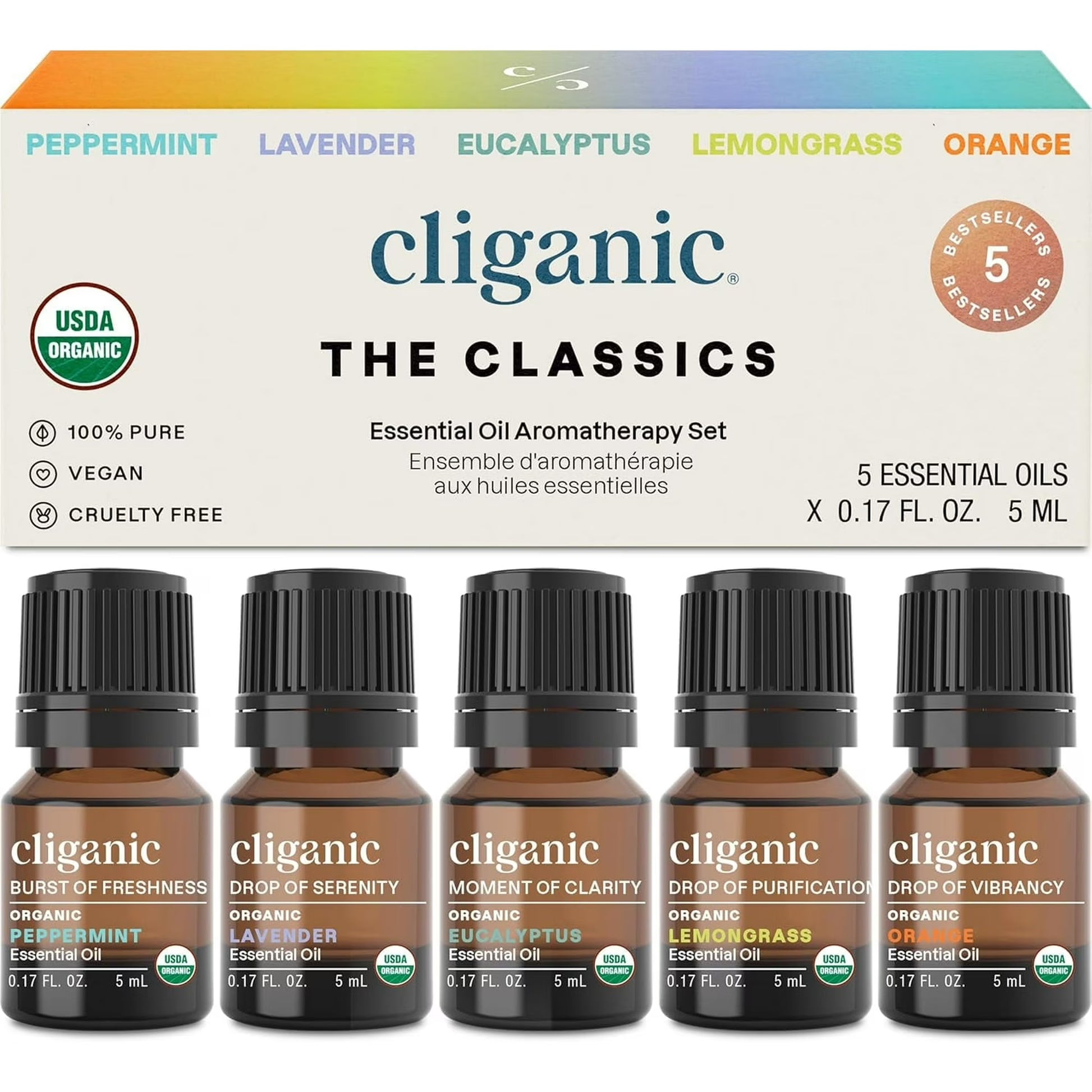 Cliganic essential oil set with five bottles on a white background